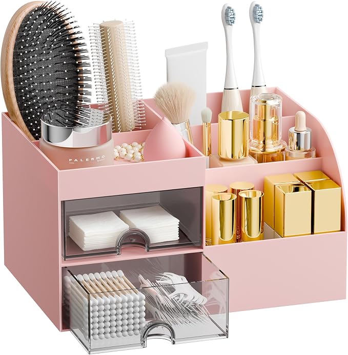 Makeup Organizer with 2 Drawers, Makeup Organizers Countertop for Vanity and Bathroom, Make up organization and Skincare Storage with Brush Holder, for Dresser, Desktop, Cosmetic Display Case (Pink)