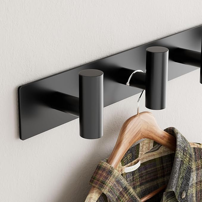 Black Wall Mounted Coat Rack – 5 T-Shaped Hooks on 16.5" Rail, (2 Pack) | for Hanging Hats, Bags & Towels, Heavy-Duty Metal Hooks for Entryway, Bathroom, Closet, Bedroom