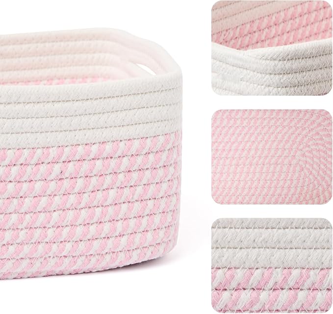 MiniArk Small Storage Baskets for Organizing | Closet Organizer Bins | Shelf Toy Basket | Woven Rope Baskets | Cube Decorative Box | Shallow Basket | 13x8.5x5.1” | 4 Packs White Pink