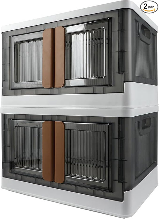 Storage Bin, Foldable Cabinet, 8.4 Gallon (32L) Capacity (Each One), 2 Packs, Collapsible Box with Lids, Transparent, Organizers for Living Room, Bedroom