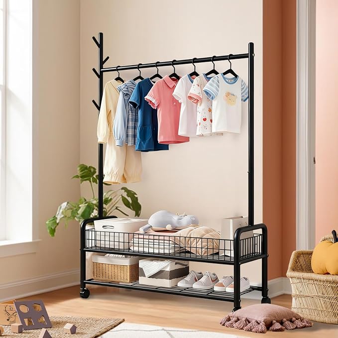 MYUPDALIN Clothes Rack with Shelves, Clothing Rack with Wheels, Multifunctional Hangers with Storage Baskets and Shoe Racks, Ideal for Bedrooms and Living Rooms (Black, Bold 90cm/35in)