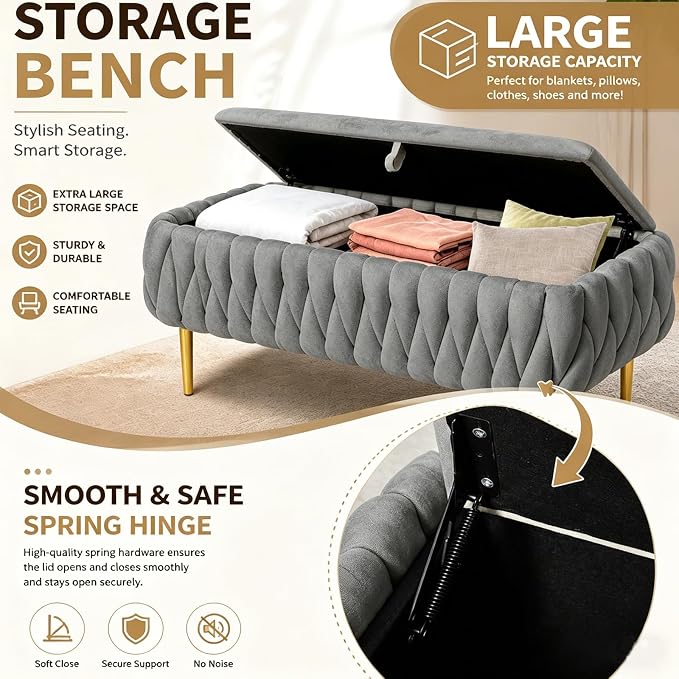 Bench for Entryway 41.3", Bedroom Benches for Foot of Bed, Ottoman with Storage for Bedroom, Upholstered Rectangular Ottoman for Living Room, Entryway, Holds up to 450 lb (Grey)