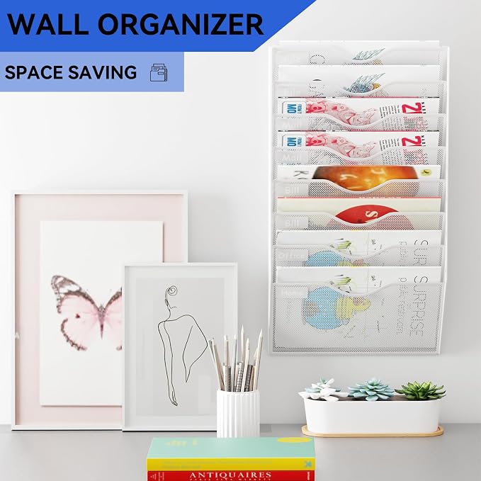 8 Pockets Mesh Hanging Wall File Holder Organizer Wall Mounted Paper Magazine Rack, White