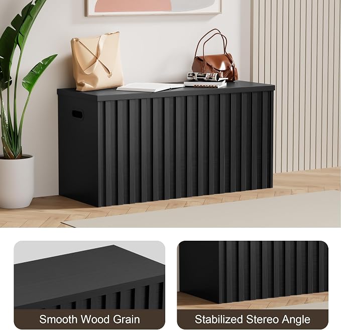 Storage Bench,39.4" Wood Box, Storage Trunk with 2 Safety Hinges, Ottoman Storage Chest, Fluted Storage Bench for Bedroom, Entryway, Living Room(Black)