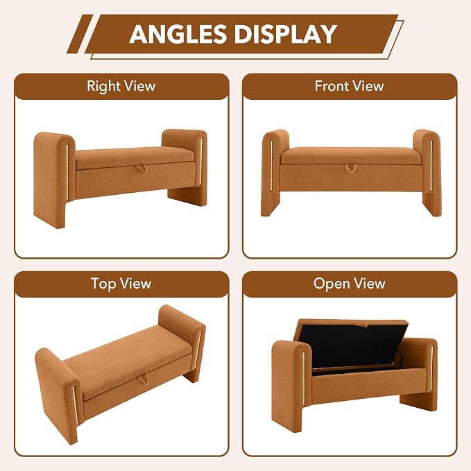52" Flip-Top Storage Ottoman Bench, Teddy Entryway Bench (Coffee) | Teddy Fleece Upholstered End of Bed Bench with Armrests, Soft Padded Window Bench for Living Room Bedroom Entryway