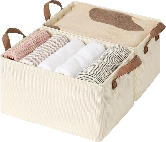 StorageWorks Storage Bins, Shelves Baskets for Organizing, Fabric Closet Organizers with Handles, Metal Frame, Beige-Texture, 2-Pack