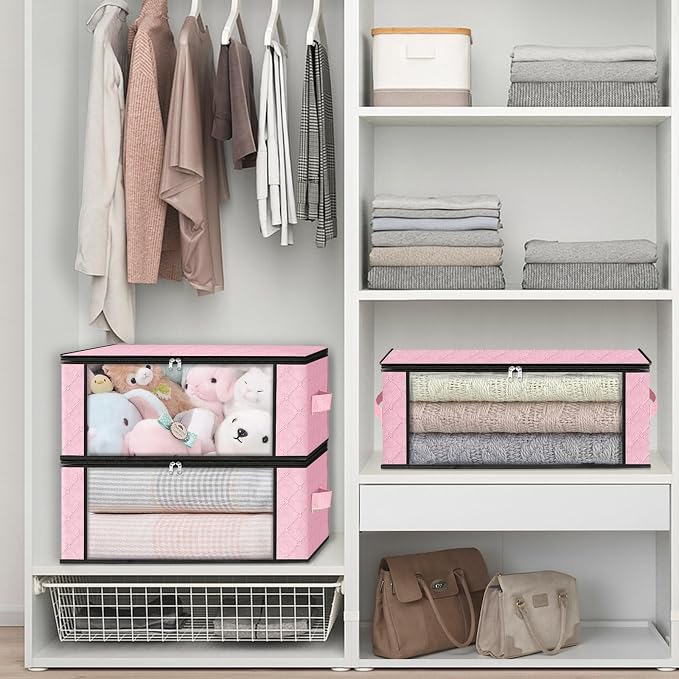 HomeHacks 6-Pack Clothes Organizer Storage Bags, 35L Storage Bins, Pink | Foldable Storage Box Container with Zippers, Clear Window, Reinforced Handles for Closet, Dorm, Pillows, Bedding, Sweater