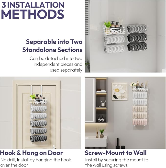 SWTYMIKI Hanging Towel Racks for Bathroom - 6 Tier Over The Door & Wall Mounted Bath Rolled Towel Storage Organizer Holder for Small Bathroom, RV, Camper, White (Patented)