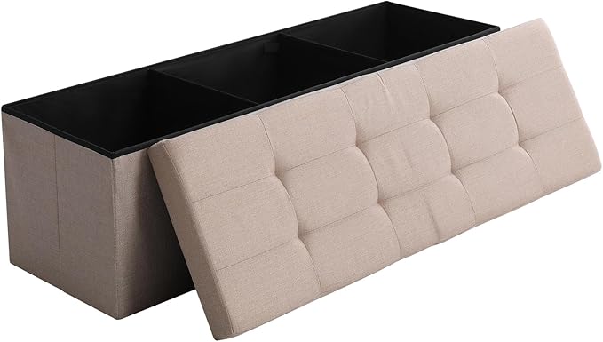 45.3 Inches Storage Ottoman Bench Foldable Seat Footrest Shoe Bench End of Bed Storage with Flipping Lid, 166L Storage Space, Linen Fabric Sandy Beige