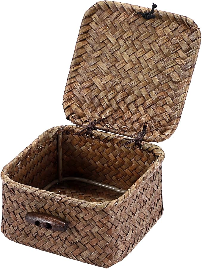 Hipiwe Mini Seagrass Basket Box Wicker Shelf Baskets with Lid, 3.5"x3.5"x2" | Small Handwoven Decorative Box, Natural Storage Basket for Organizing Key Candy, Home Decor