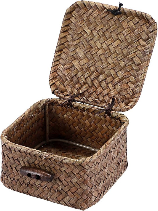 Hipiwe Mini Seagrass Basket Box Wicker Shelf Baskets with Lid, 3.5"x3.5"x2" | Small Handwoven Decorative Box, Natural Storage Basket for Organizing Key Candy, Home Decor