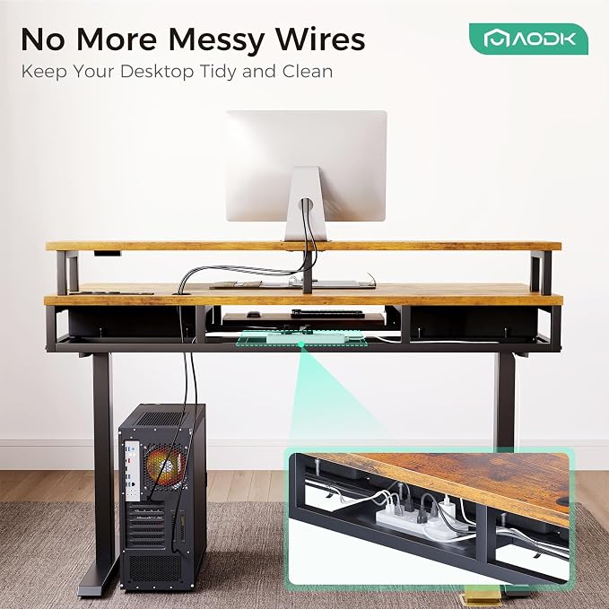 AODK 55 Inch Standing Desk with Drawers & Keyboard Tray, Rustic Brown | 3 Outlets & 2 USB Ports, LED Lights, Monitor Stand, Cable Management Tray, 3 Memory Heights, 29.9"-46.1" in Range
