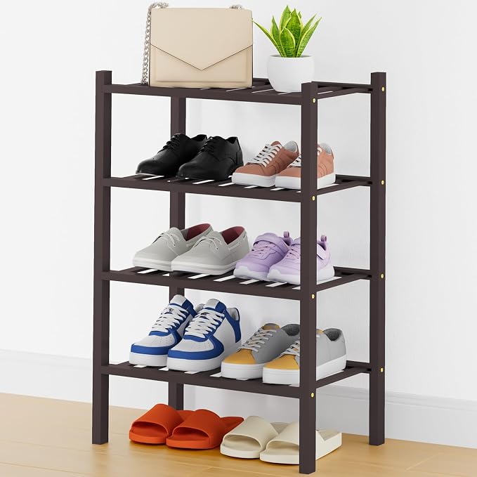 Smiry Bamboo Shoe Rack, 14 Vertical Slats, 4 Tier - 17.3" Wide, Brown | Stackable Free Standing Wooden Shoe Organizer, Wood Shoe Storage Shelf for Closet, Entryway, Thicher Leg