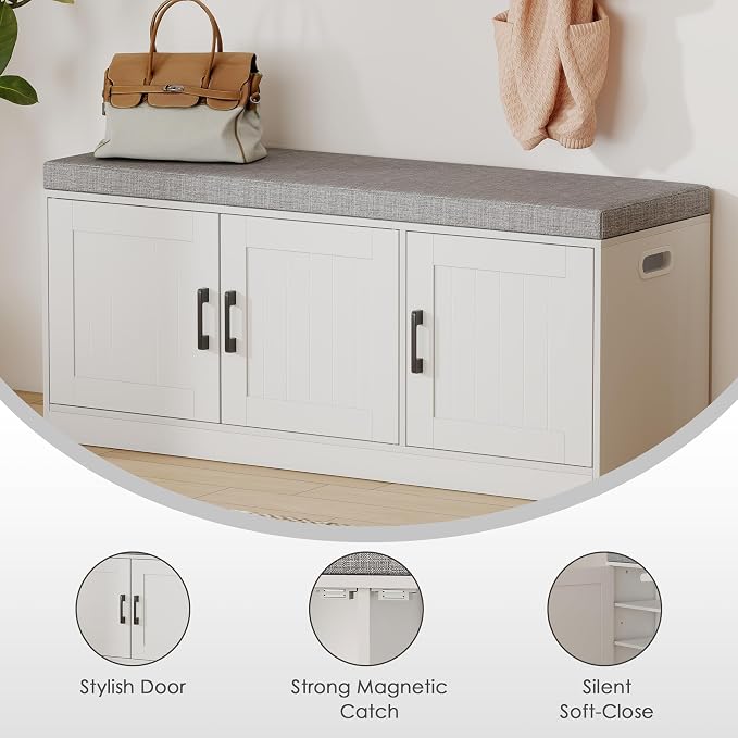 3-Tier Shoe Storage Bench with Adjustable Shelf, Large Capacity Entryway Shoe Bench with Thickened Padded Seat Cushion and 3 Doors for Entry, Bedroom, Hallway (White,42.5 * 14in)