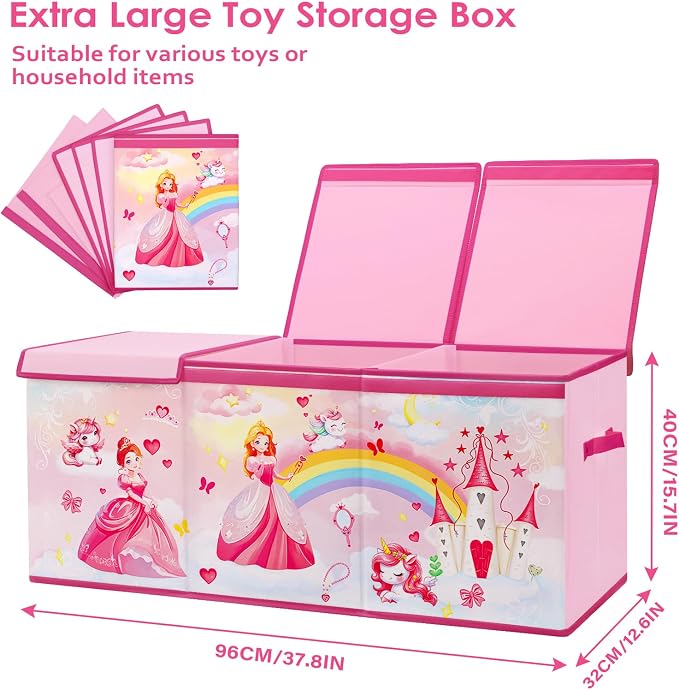 Large Toy Box Collapsible Chest Organizer with Flip Lid for Kids | Oxford Storage Box with Handle for Boy Girl Sturdy Waterproof Organizing Decor for Bedroom Playroom Nursery 37.7×12.5×15.7''