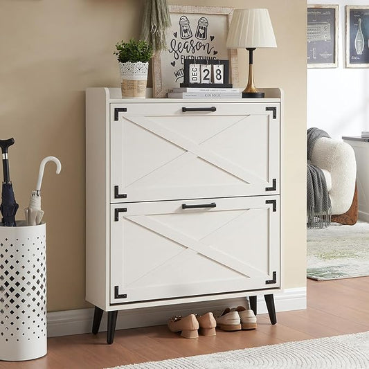 Barnyatoh Farmhouse Shoe Storage Cabinet with 2 Flip Drawers & Barn Door | Freestanding Hidden Slim Narrow Shoe Rack, Adjustable Shelves,Wood Shoes Organizer for Entryway, Foyer, Hallway,Antique White
