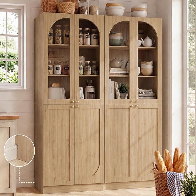Cyclysio 80" Kitchen Pantry, Tall Arch Storage Cabinet with Tempered Glass & Soft Close Doors, Freestanding Wood Floor Cupboard Bookcase with Seamless Fit Wall for Dining Room, Living Room, Bathroom