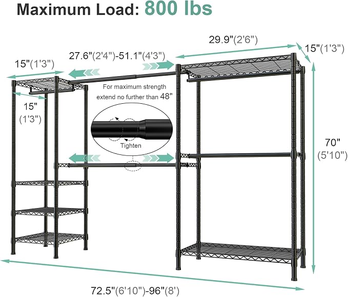 SEMHOR E01 Expandable Heavy Duty Clothes Rack, Free Standing Closet System | 72.5-96" Adjustable Portable Garment & Clothing Racks for Hanging Clothes Carbon Steel, 800LBS Max Load, Black