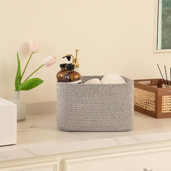 OIAHOMY 4 Pack Storage Baskets for Organizing, Cube Storage Bins for Shelves, Rectangle Storage Baskets With Handles, Woven Baskets for Storage, 16''Lx12''Wx8''H, Grey