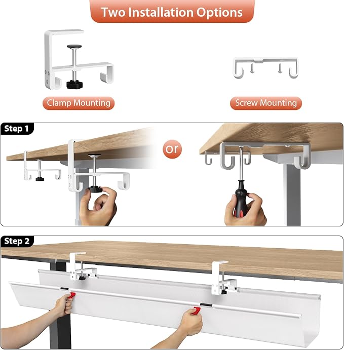Univivi No Drill Under Desk Cable Management Tray, 48 inch Cable Management | Clamp/Screw Mount Desk Cable Organizer, Premium Fabric Cable Management Tray, Large Capacity Cord Management for Office, Home
