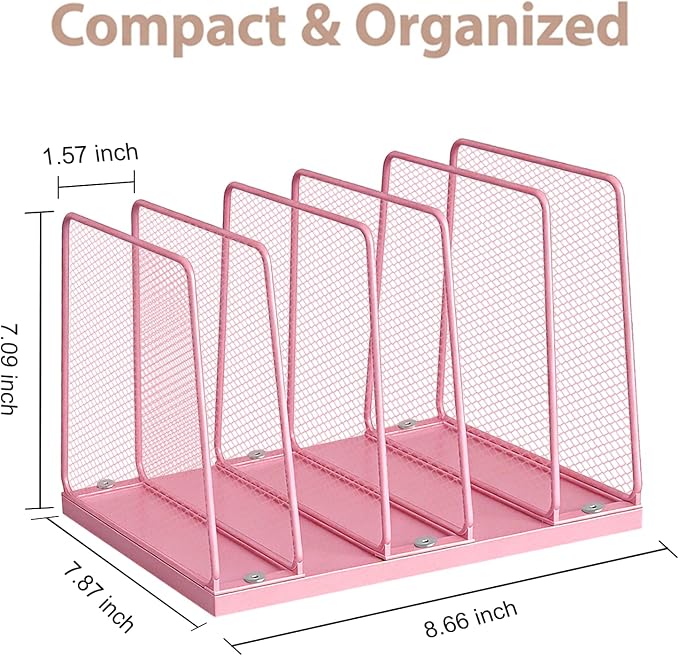 5-Section Vertical File Organizer for Desk, Sturdy Wood Base & Metal Mesh Desktop File Holder, Upright Paper Folder Sorter for Office Supplies（Pink）