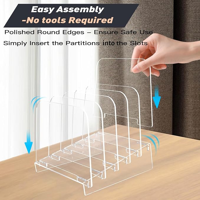File Holder File Sorter, Vertical File Organizer for Desk, Desk Top File Folder Organizer Stand, Acrylic File Rack File Folder Holder, 5 Sections Clear File Stand for Office, School, Home
