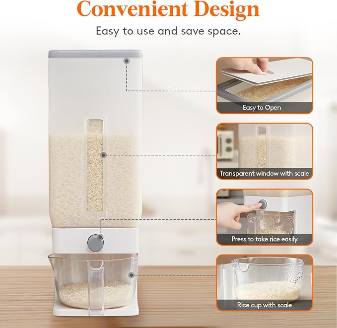 Lifewit 2 Pack Rice Dispenser 25 Lbs(11.3kg), Rice Storage Container Sealed Moisture Proof with Measuring Cup for Kitchen Pantry Household, BPA-Free, Clear