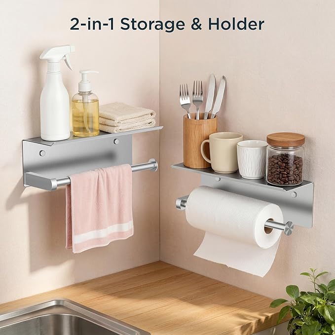 FORIOUS Wall Mount Paper Towel Holder with Shelf, Stainless Steel | Heavy Duty SUS304 Stainless Steel Paper Roll Organizer with Storage Spice Shelf, Screw-in for Kitchen, Bathroom, RV & Garage