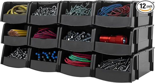 IRIS USA 12-Pack, Small Stackable Storage Bins, Black | Organize small parts, hardware, craft supplies, pantry items, and household essentials with open-front access, stackable bins