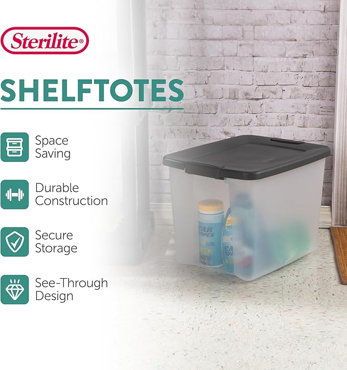 Sterilite 50 Qt ShelfTote, Clear Storage Bin with Latching Lid, 6 Pack | Clear Bins with Gray Lids - Stackable Organizing Container Boxes for Closet, Bathroom, and Office