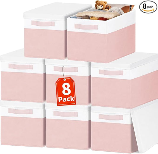 Large Closet Organizer Bins with Lids 8 Pack - Pink Storage Baskets for Shelves Nursery Bedroom Dorm RV - Stackable Decorative Closet Organization Box with Handles for Clothes Purse Blanket Towel