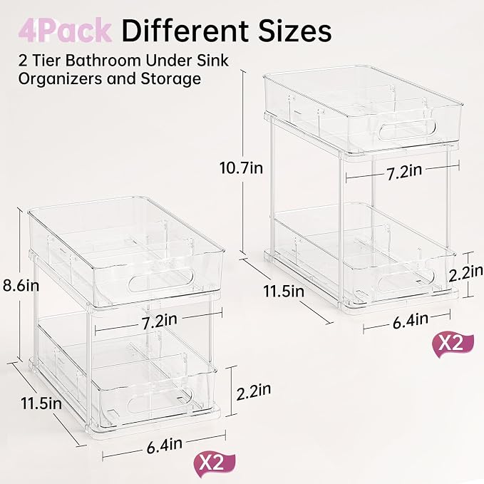 Delamu 2 Tier Under Sink Organizer Bathroom, Bathroom Cabinet Organizer with Snap-Lock Design and Hooks, Pull Out Storage with Movable Dividers, for Countertop, Kitchen and Pantry (Clear, 4 Pack)