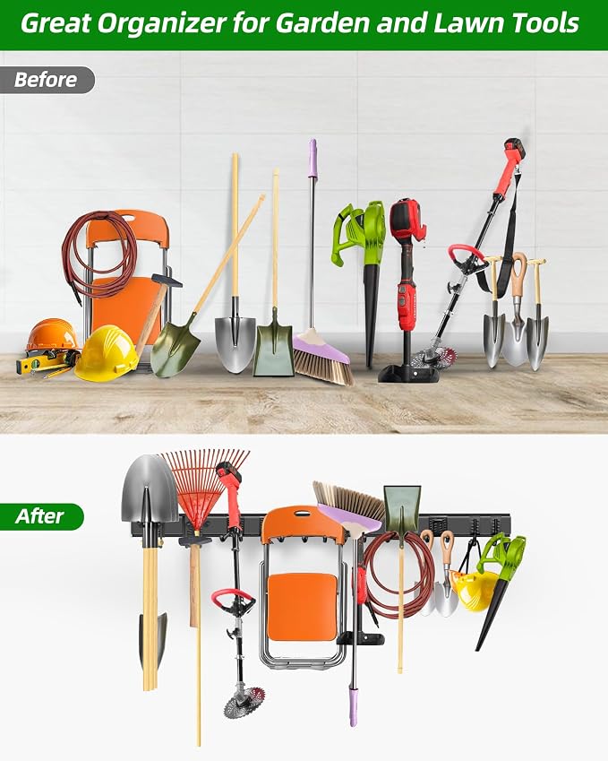 PIYILO 64 in Garage Tool Organizer Wall Mount, Adjustable Tool Storage Rack | Heavy-duty 510 LBS, 10 Hooks in 4 Types, Wear & Tear Resistant, Soft Anti-Scratch Hook Sleeves, For Yard Tools, Shovels, Shed