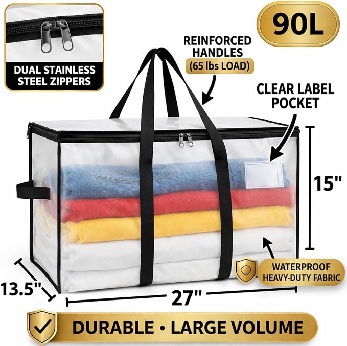 2-Pack Comforter Storage Bags with Zipper and Handles (90L) - Extra Large Heavy Duty Moving Bags, Waterproof Blanket & Clothes Storage Bags, Foldable Under Bed Storage Totes for Bedding, College Dorm