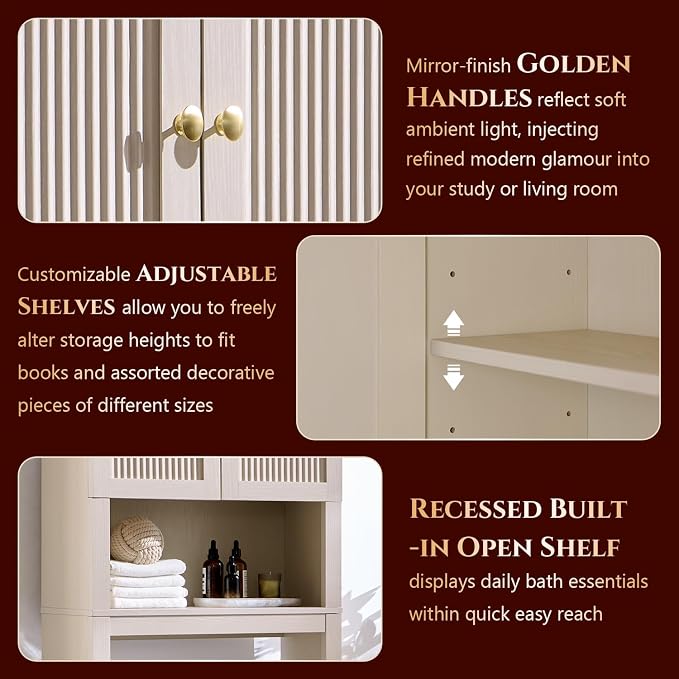 72" Over The Toilet Storage Cabinet, Modern Over Toilet Bathroom Organizer Shelf with Fluted Arched Doors, Wooden Free Standing Bathroom Storage Cabinet with Adjustable Shelf, Space Saver, Cream