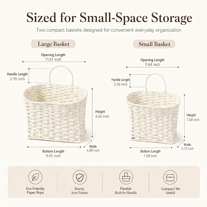 Coeusy Hanging Basket, Paper Roper Wall Basket for Laundry,Entryway,Nursery,Bathroom, Large Door Basket for Flowers,Planters,Mail,White