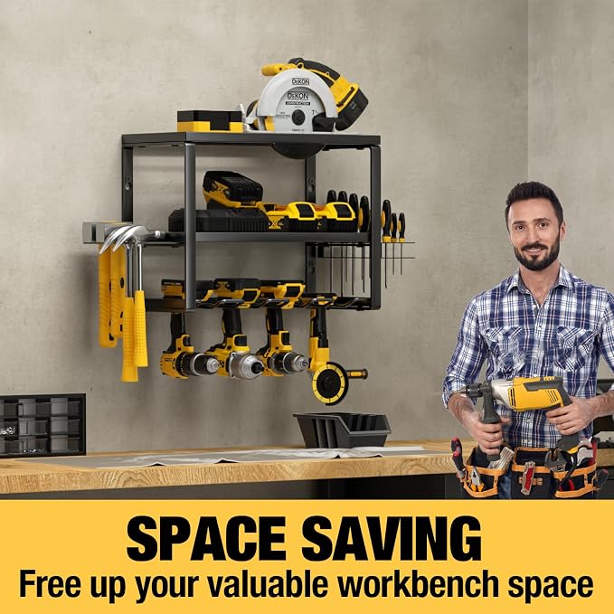 YYR Heavy Duty Power Tool Organizer Wall Mount, Cordless Drill Hanger Storage Rack, Battery Tools Holder with Charging Station Shelf for Garage Organization, Workshop, Pegboard, Shed - 16 Inch 4 Slots