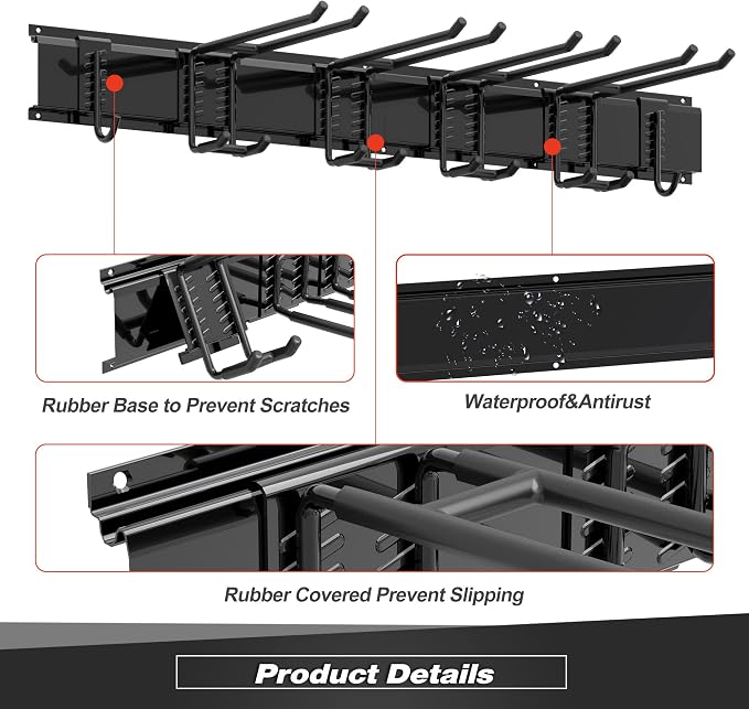 Garage Wall Organizer, Heavy Duty Tool Hangers for Garage Wall with 6 Double Hooks & 2 Rails, Tool Organizer Wall Mount, Garage Hanging Storage Rack for Shovel, Rake, Broom and Ski Gear