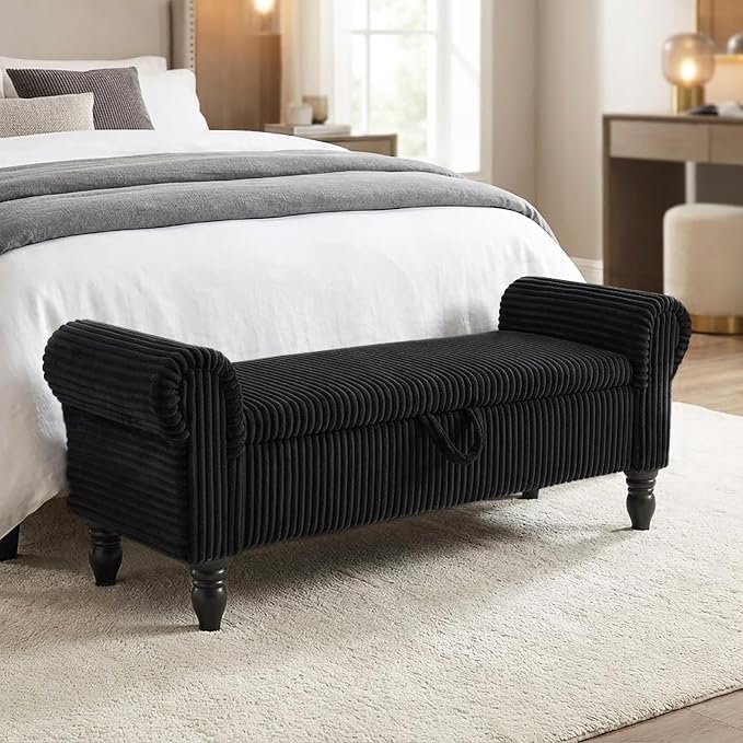 55" Corduroy Storage Ottoman Bench, Queen Bed, Black | End of Bed, Bedroom/Entryway/Closet, Window Seat, Lift-Top Storage, Tufted Button, Solid Wood Legs, for Queen & King