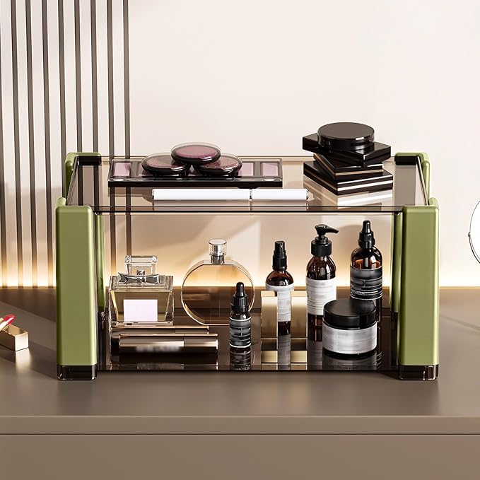 2 Tier Makeup Organizer with Drawer,Perfume Organizer,Clear Organizer for Vanity,Kitchen,Pantry,Skincare Organizer for Women, Green