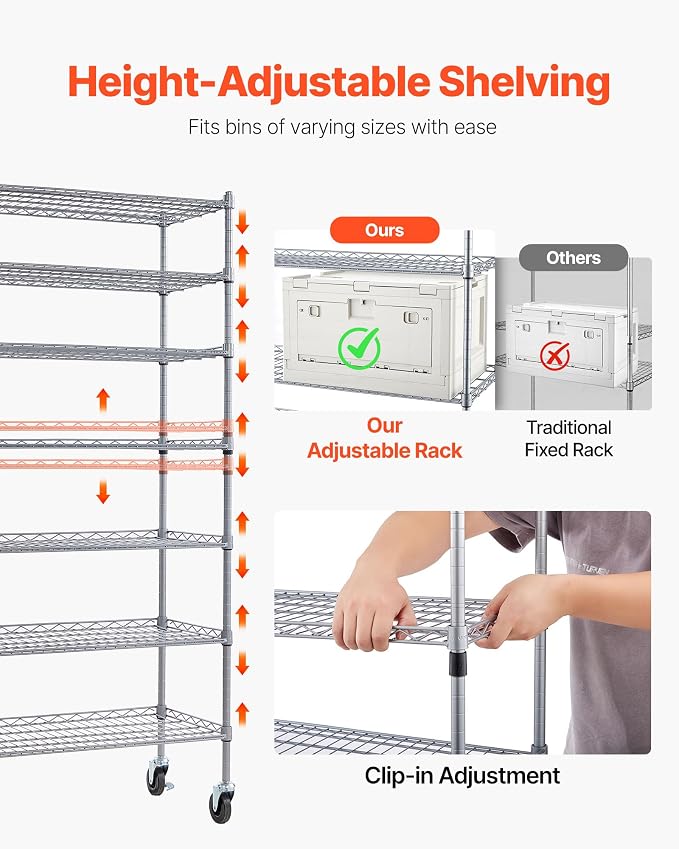 VEVOR 7-Tier Rolling Bin Storage Rack, 24 Organizer Bins, Bin Rack Storage Steel Wire Shelving System with Wheels, Mobile Tool Organizer for Garage, Warehouse, Office, Restaurant, Classroom, Kitchen
