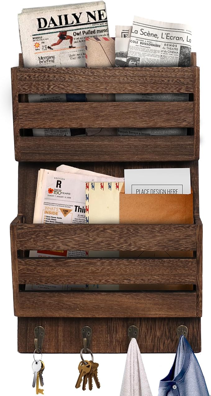 Mail Organizer Wall Mount with 4 Key Hooks, Rustic Wooden Hanging Mail Sorter Farmhouse Key Holder for Wall Decoration, 2-Slot Wall File and Magazines Bill Letter Holder (Brown)