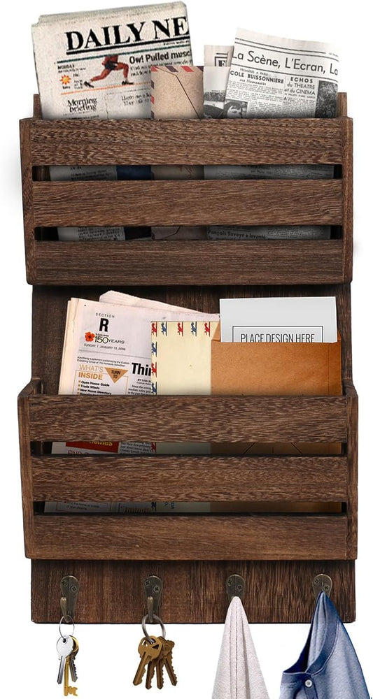 Mail Organizer Wall Mount with 4 Key Hooks, Rustic Wooden Hanging Mail Sorter Farmhouse Key Holder for Wall Decoration, 2-Slot Wall File and Magazines Bill Letter Holder (Brown)