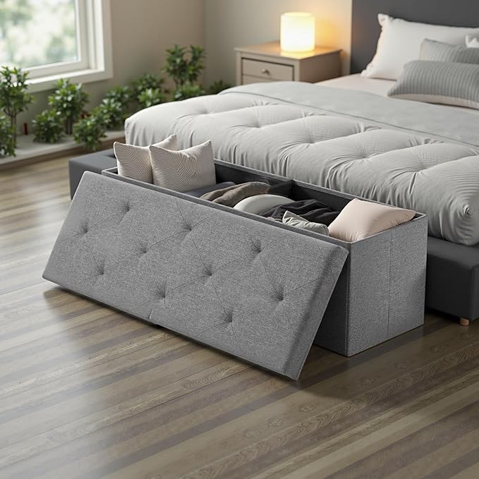 Sweetcrispy 43 Inch Folding Storage Ottoman Bench, Ottoman with Storage | Large Hidden Storage Chest with Padded Seat, Foot Rest Stool, End of Bed Bench for Bedroom, Living Room, Linen Fabric, Gray