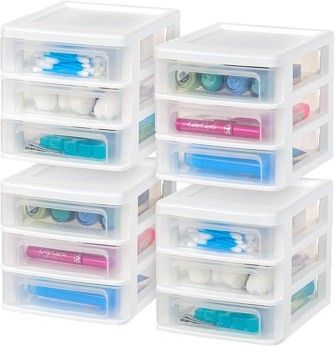 IRIS USA 4-Pack 3-Drawer Small Desktop Organizer, Stackable, White | Organize office supplies, stationery, makeup, craft materials and everyday essentials for neat desktop storage