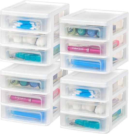 IRIS USA 4-Pack 3-Drawer Small Desktop Organizer, Stackable, White | Organize office supplies, stationery, makeup, craft materials and everyday essentials for neat desktop storage