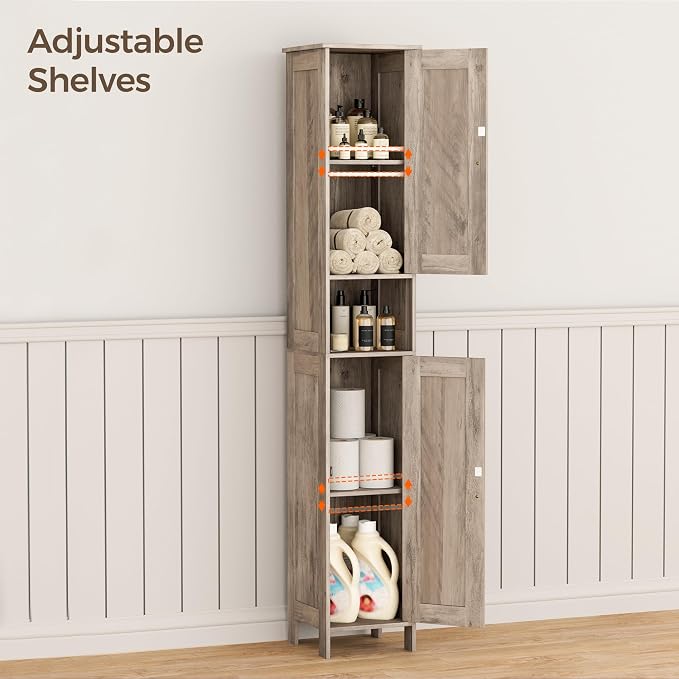Homleke Tall Bathroom Storage Cabinet with 2 Doors, Slim Bathroom Cabinet | Narrow Storage Cabinet with Adjustable Shelves, Anti-Tip Design, Reversible Door, Easy Assembly, Greige, 11.8''W