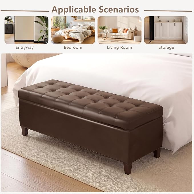 Joveco Storage Ottoman Bench, 51 Inch Leather Tufted Bench for End of Bed, Bedroom, Living Room, Brown