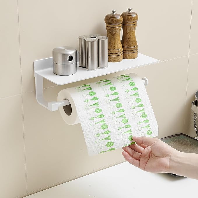 Paper Towel Holder Wall Mount for Bathroom Hand Towel Holder for Bathroom Black Paper Towel Holder with Shelf (White)