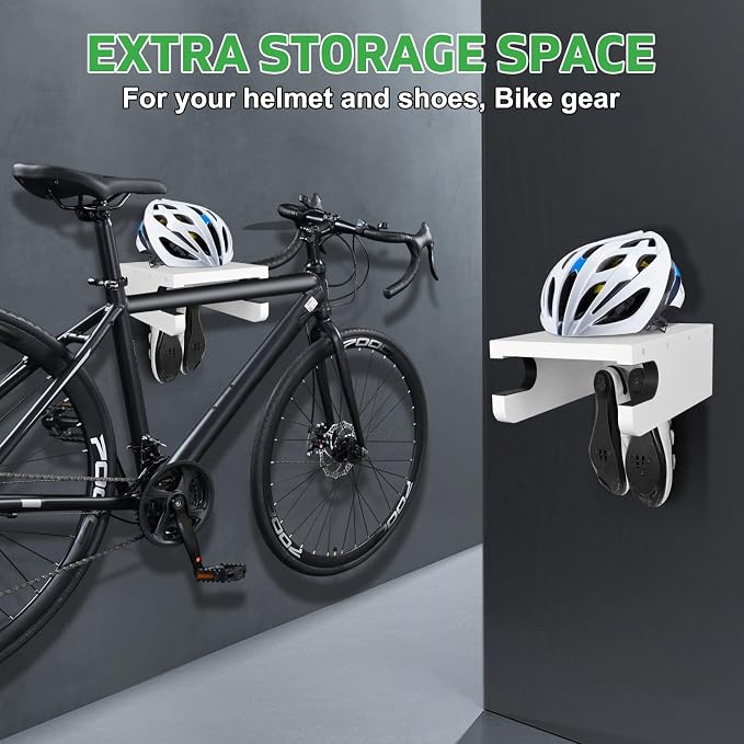 Wooden Bike Wall Mount Rack with Shelf and Hooks, Bike Hanger Wall Mount | Wood Wall Mount Bike Hangers for Garage, Space-Saving Indoor Bike Wall Mount Horizontal Storage Rack for Single Road Bicycle